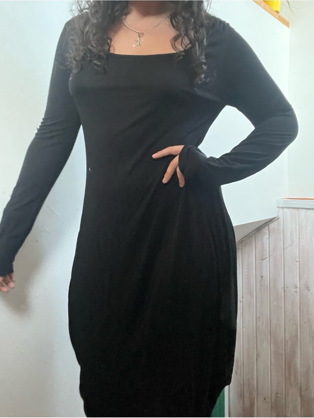 Ronen Chen Black Long-Sleeve Square Neck Dress